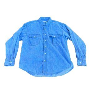 Vintage Light Wash Pocket Collared Button Long Sleeve Denim Blouse Cotton Top
